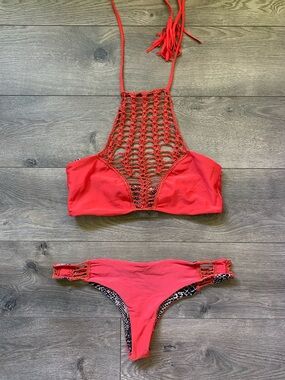 acacia swimwear Red Crochet High-Neck Bikini